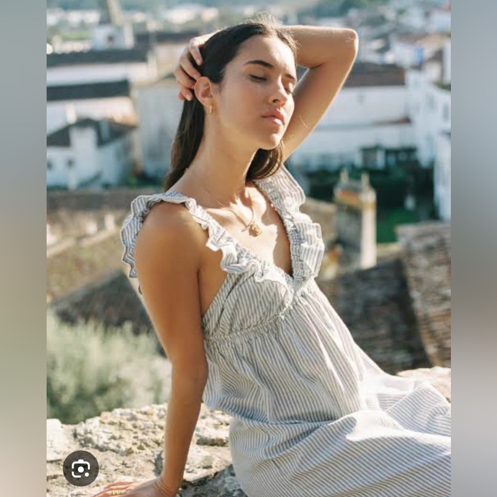 Milos Dress Blue Pinstripe Ruffle Maxi Small